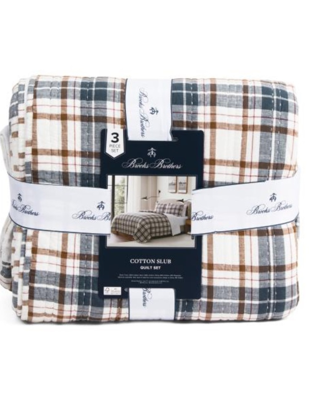 Brooks Brothers Plaid Cotton Slub Quilt Set in Blue, Brown, and White